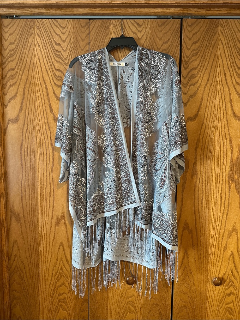 Chico's Light Blue Paisley Sheer Fringe Kimono